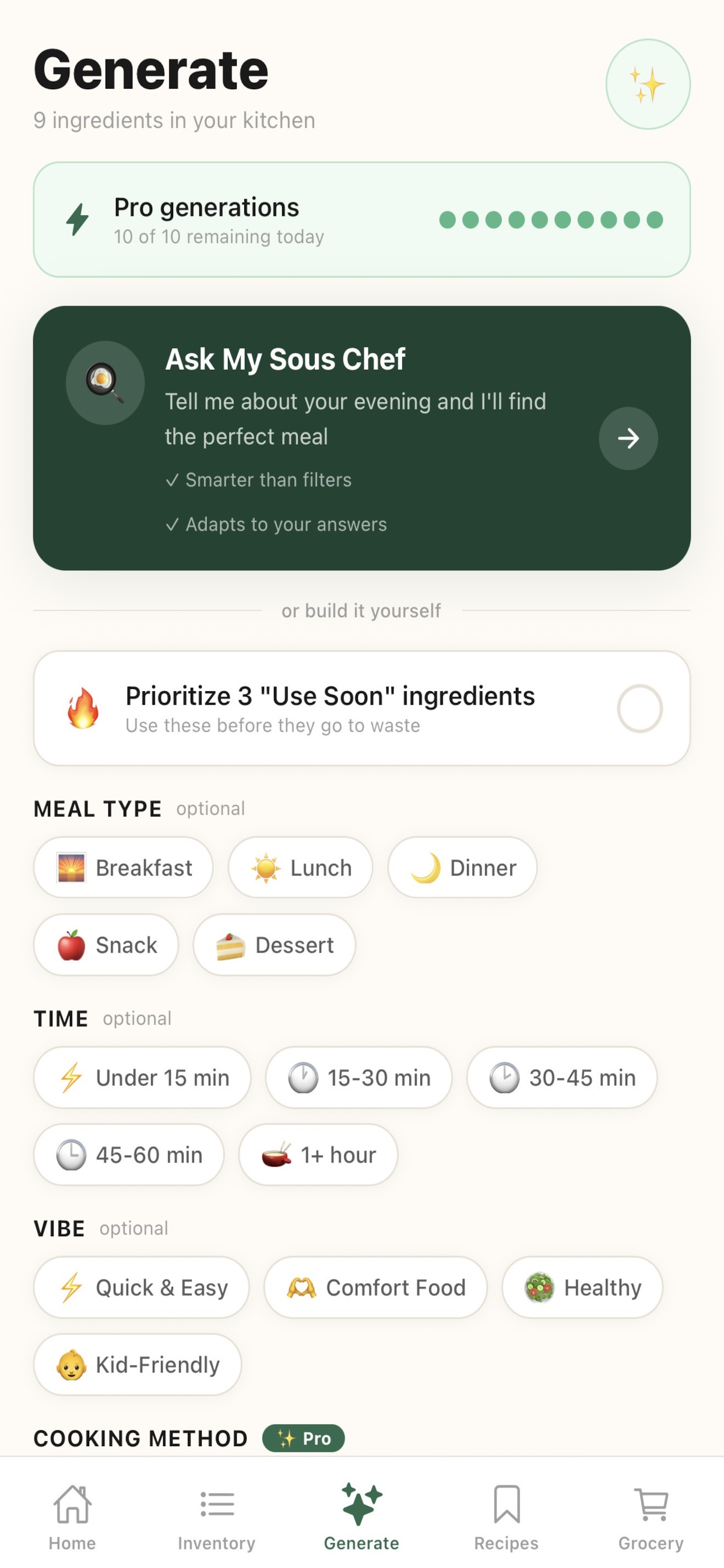 AI recipe generation screen in My Sous Chef