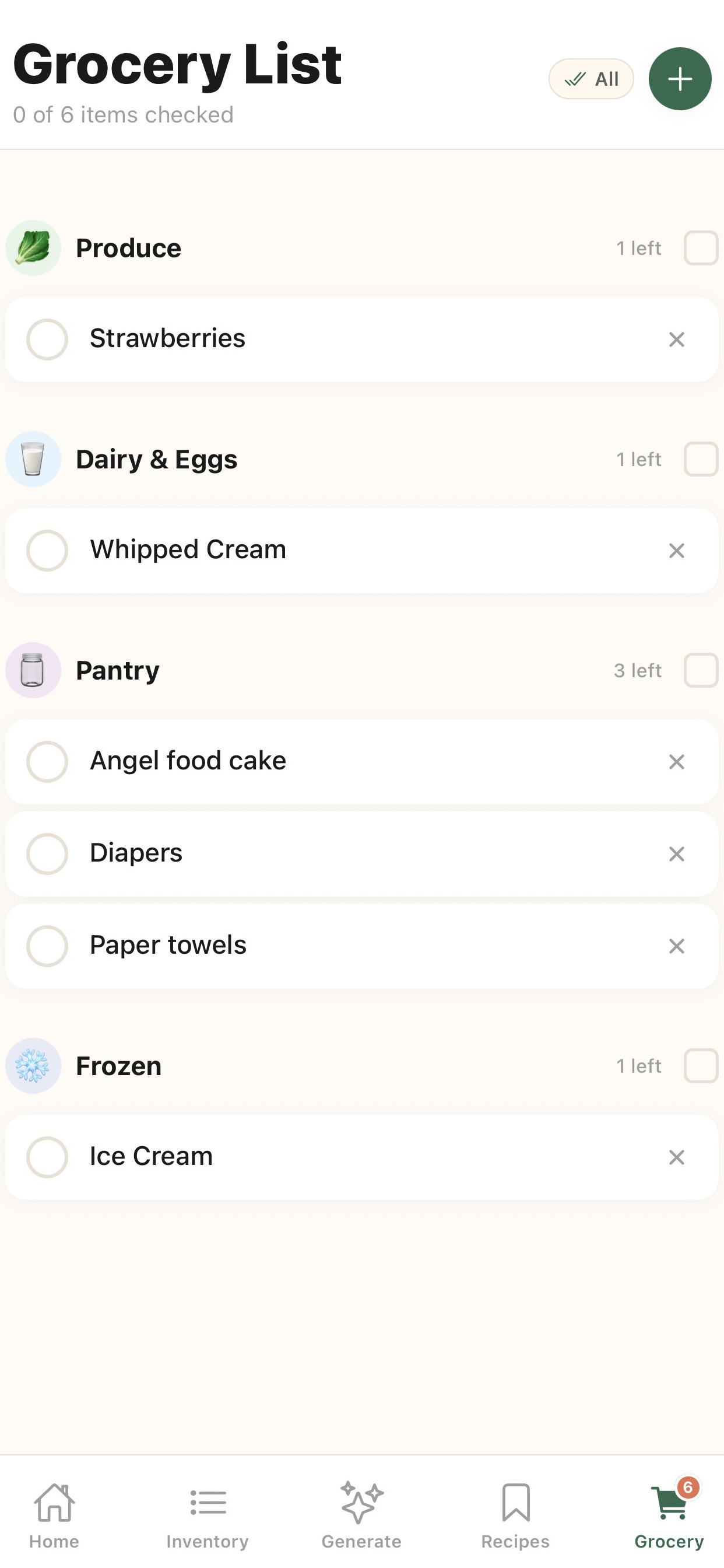 Grocery list screen in My Sous Chef