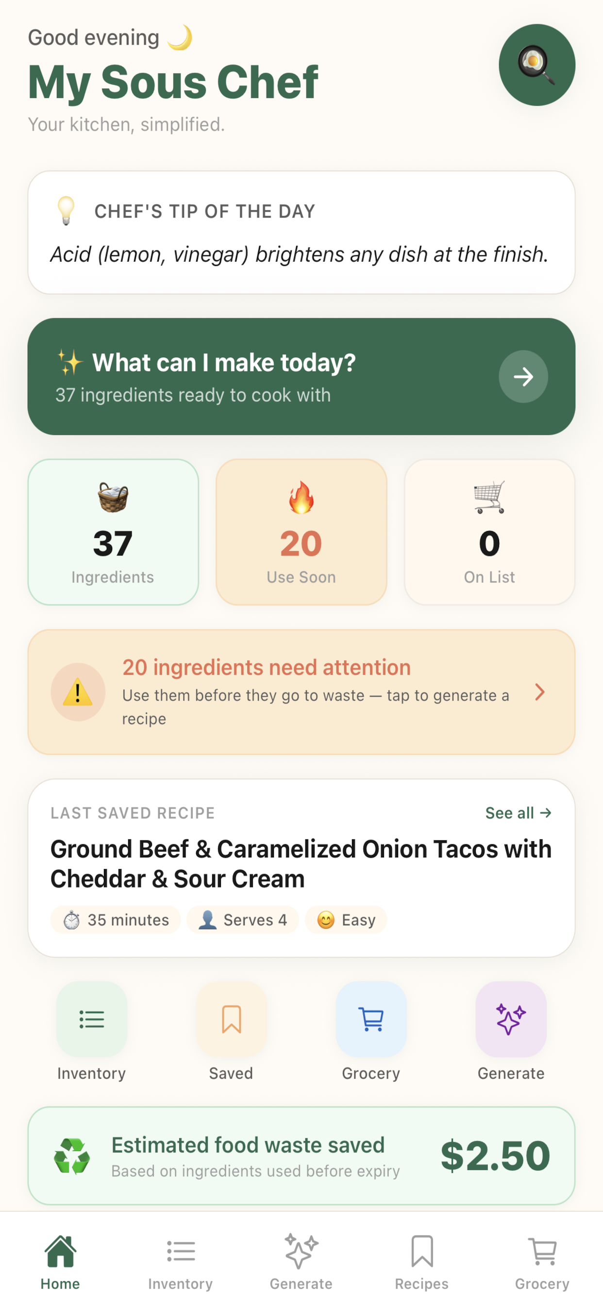 My Sous Chef dashboard screen