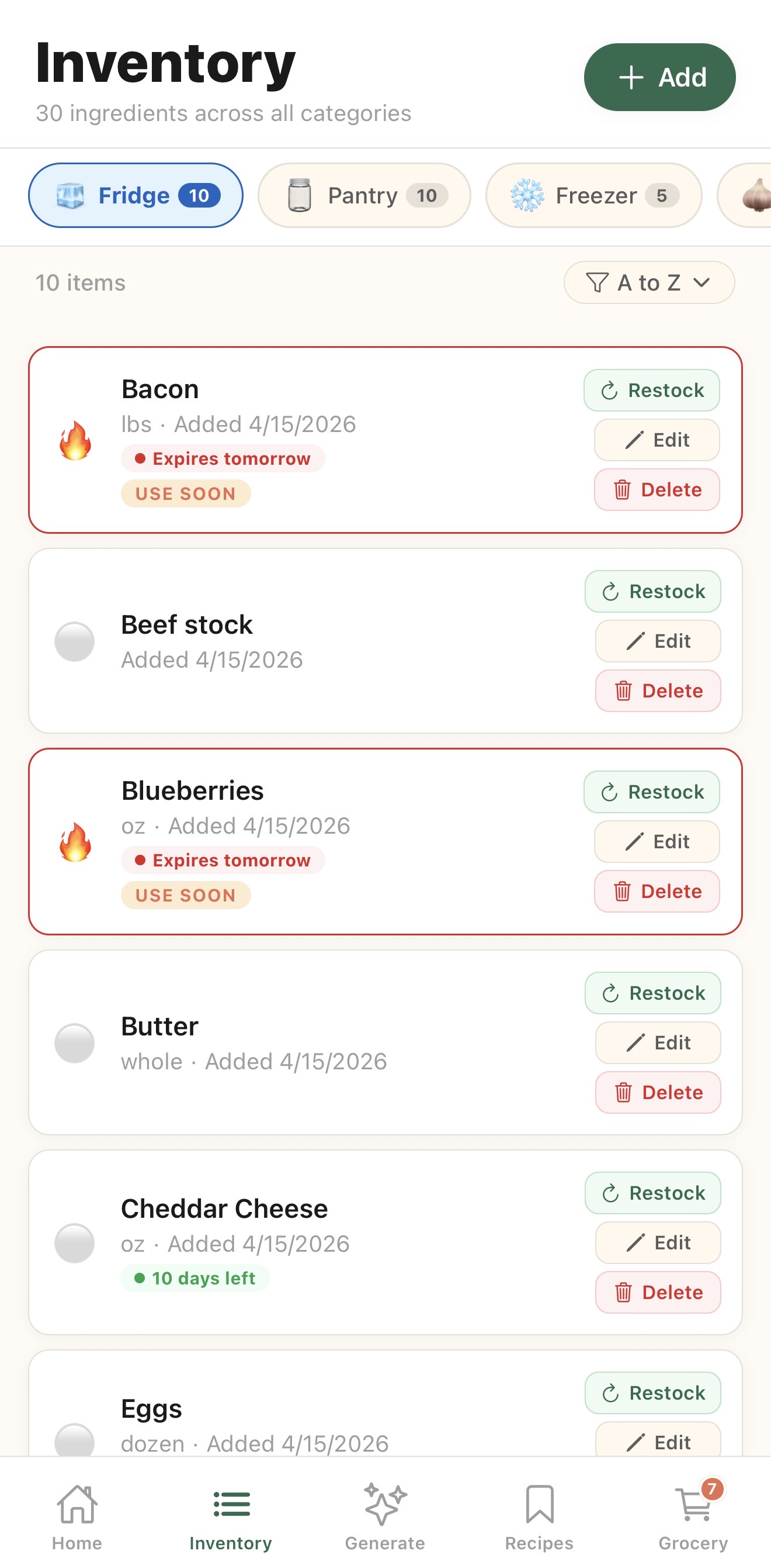 Inventory tracking screen in My Sous Chef