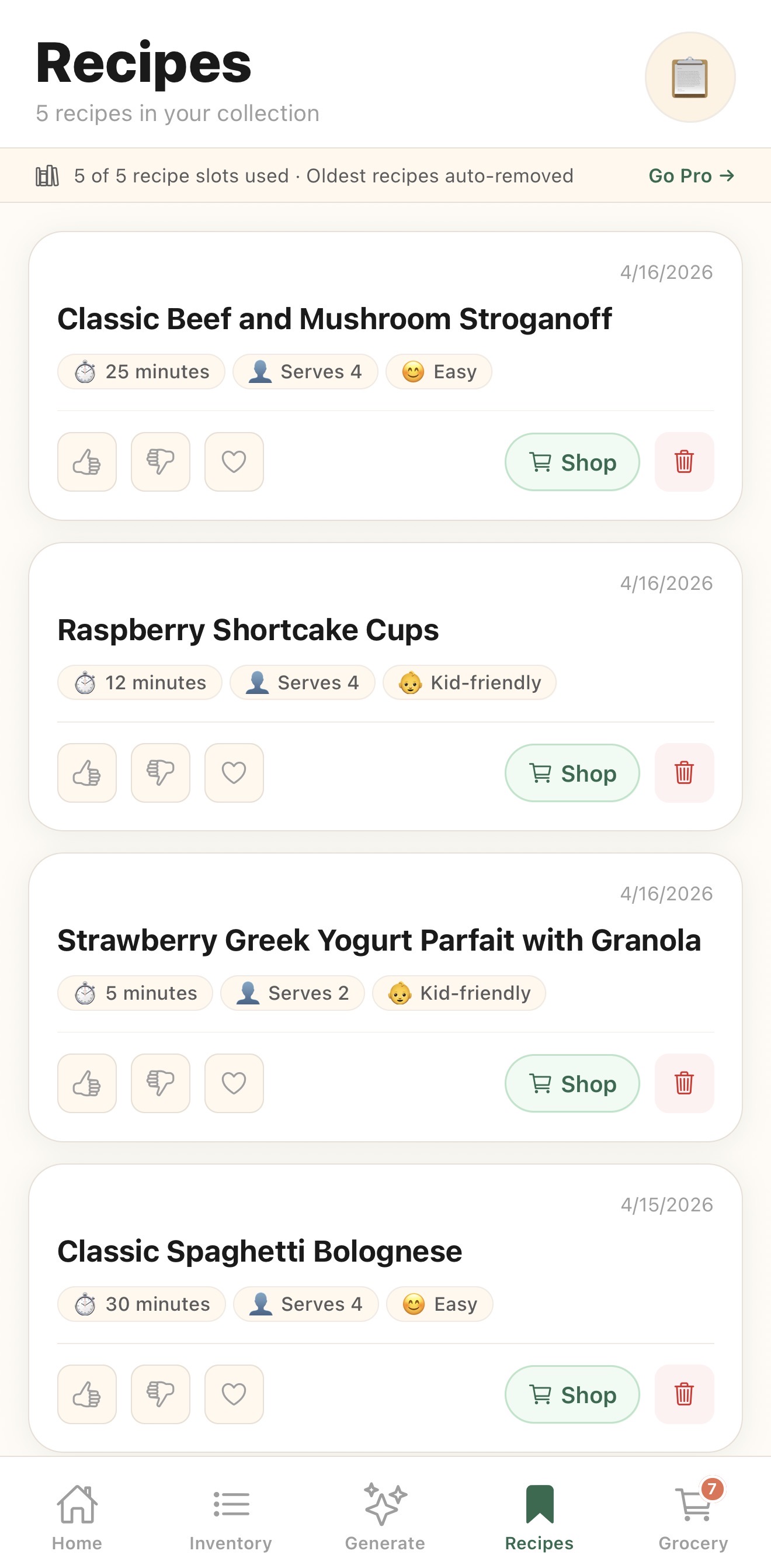 Saved recipes screen in My Sous Chef