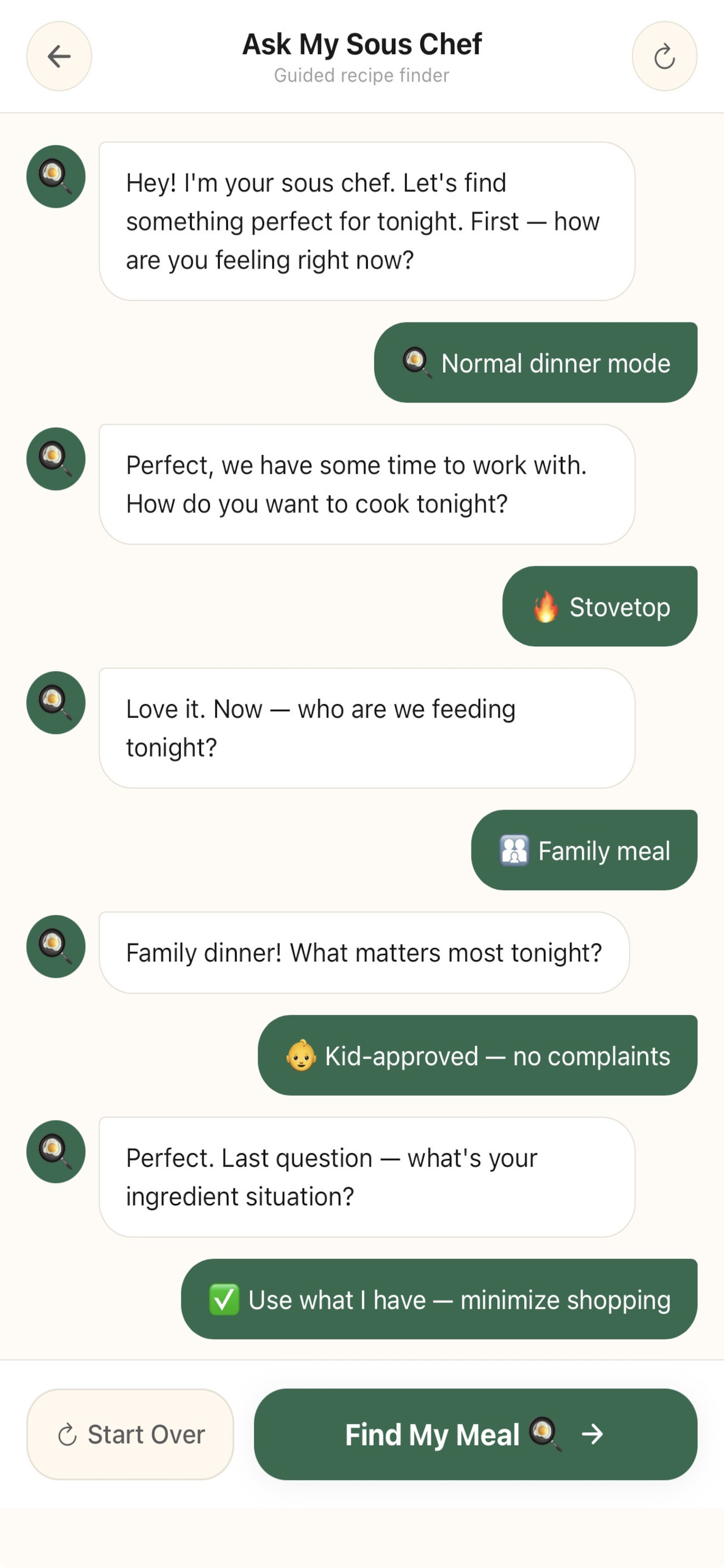 Ask My Sous Chef guided recipe chat screen